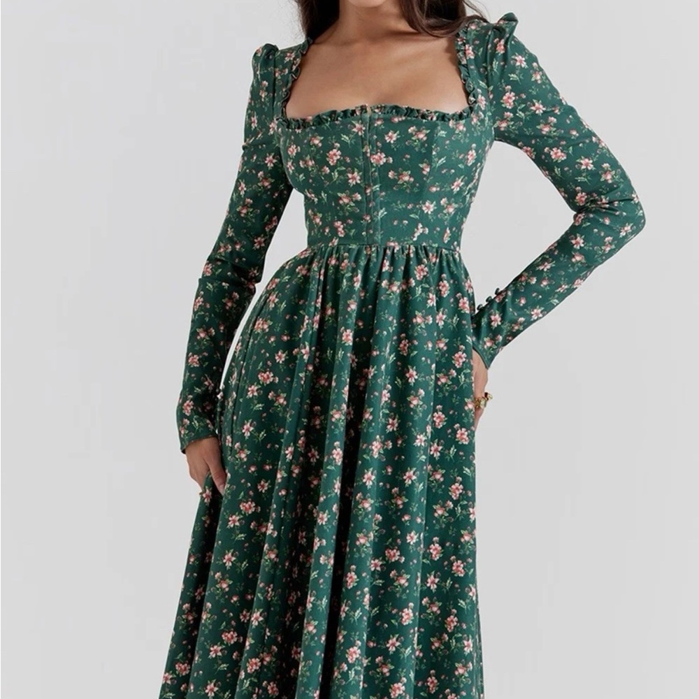 House of CB Delia Green Floral Print Midi Dress